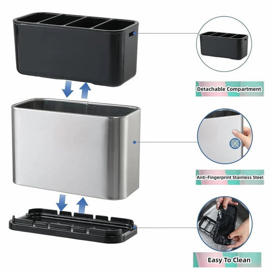 Stainless Steel Cutlery Holder with Drainage & Detachable Compartments